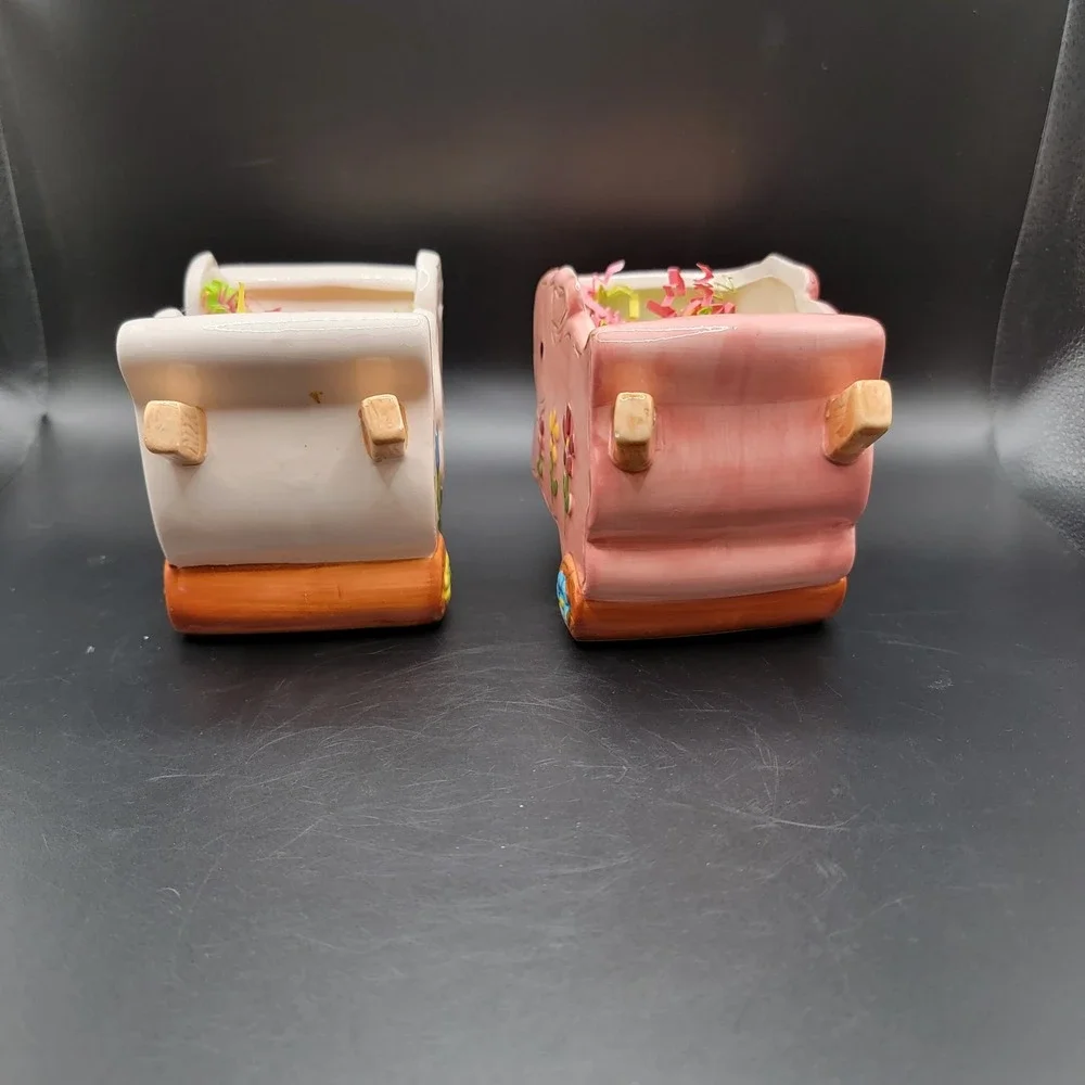 Vintage Ceramic Bunny Rabbit Wheelbarrow Planter Pink & White Duck Planter...